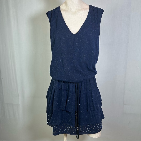 Desigual 🌻 Navy Sleeveless V-Neck Dress with Ruffle Skirt & Tassel Belt Sz M - Picture 1 of 10